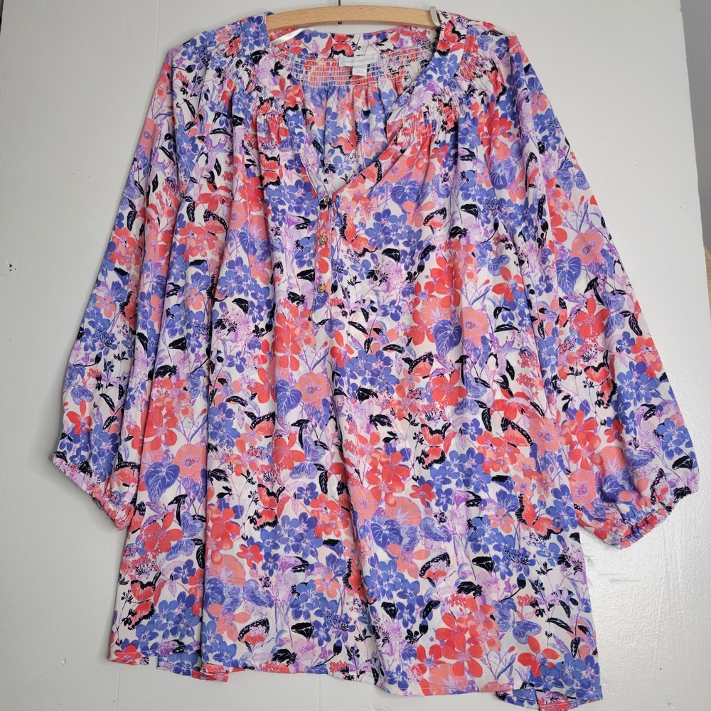 Charter Club Floral Butterfly Blouse Womens XL Blue Coral Excellent Smocked Top